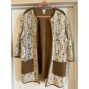 Chicos Brown Suede Lace Overlay Open Front Duster Jacket Size 3 Boho Romantic